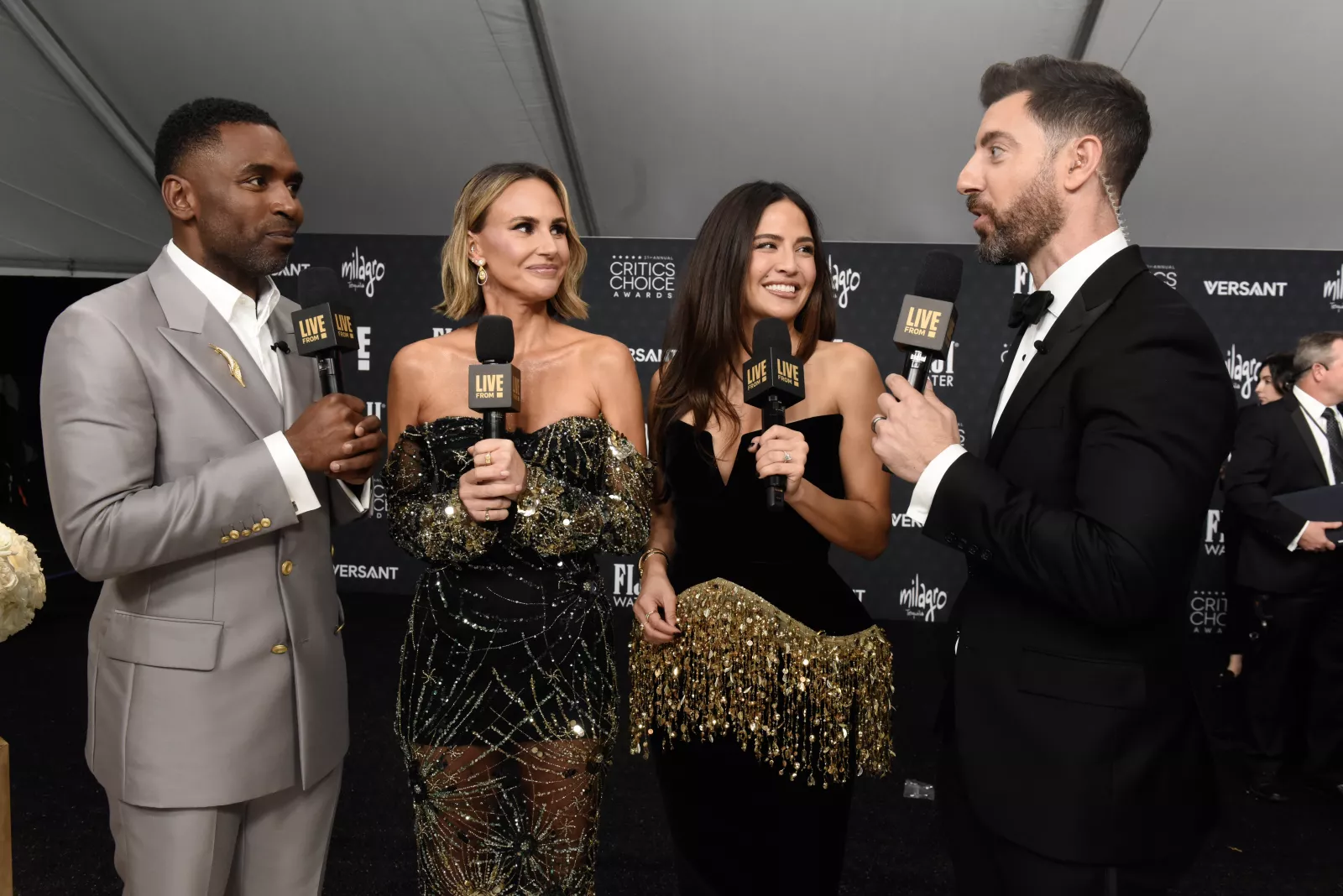 Justin Sylvester, Keltie Knight, Erin Lim and Will Marfuggi host "Live from E!" at the 31st Annual Critics Choice Awards on Jan. 4, 2026. Photo Credit: Bonnie Osborne/E! Entertainment © VERSANT MEDIA 2025. All Rights Reserved