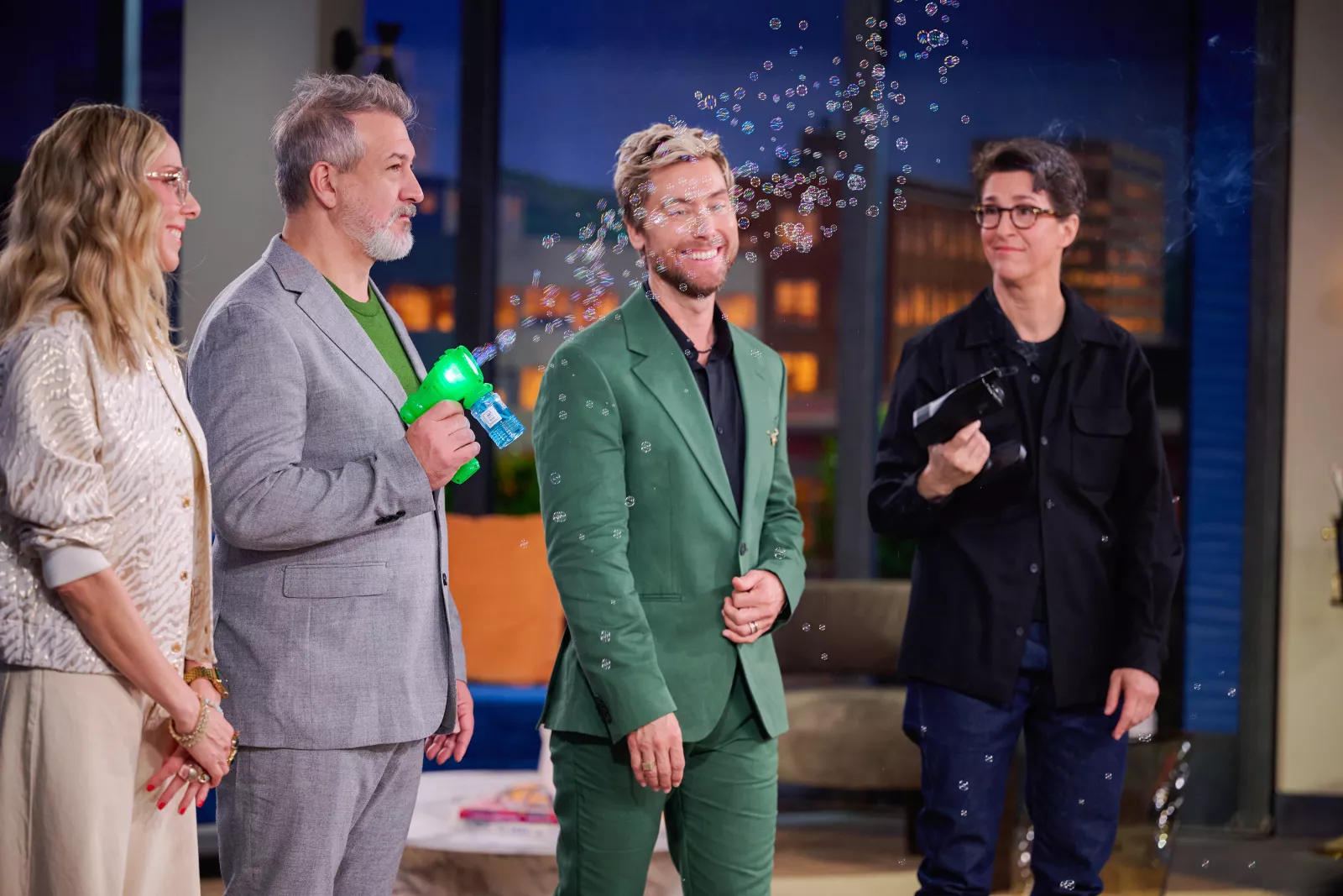 (L-R) Melissa Brooke, Joey Fatone, Lance Bass and Rachel Maddow appear on Cocktail Wars on E! Photo Credit: Scott Gries/E! Entertainment © 2026 VERSANT MEDIA. All Rights Reserved.