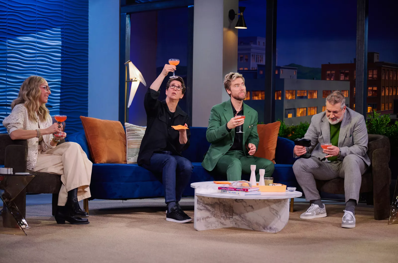 (L-R) Melissa Brooke, Rachel Maddow, Lance Bass and Joey Fatone on Cocktail Wars on E! Photo Credit: Scott Gries/E! Entertainment © 2026 VERSANT MEDIA. All Rights Reserved.