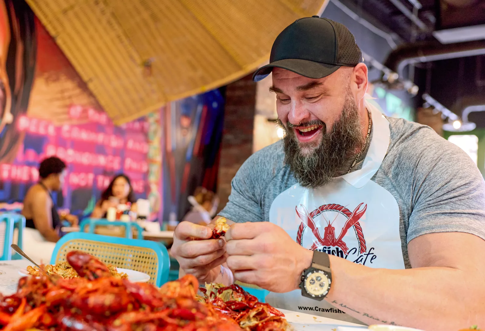 Braun Strowman visits Houston in Everything On The Menu with Braun Strowman on USA Network. Photo credit: Amy Mikler/USA Network © 2026 VERSANT MEDIA. All Rights Reserved.
